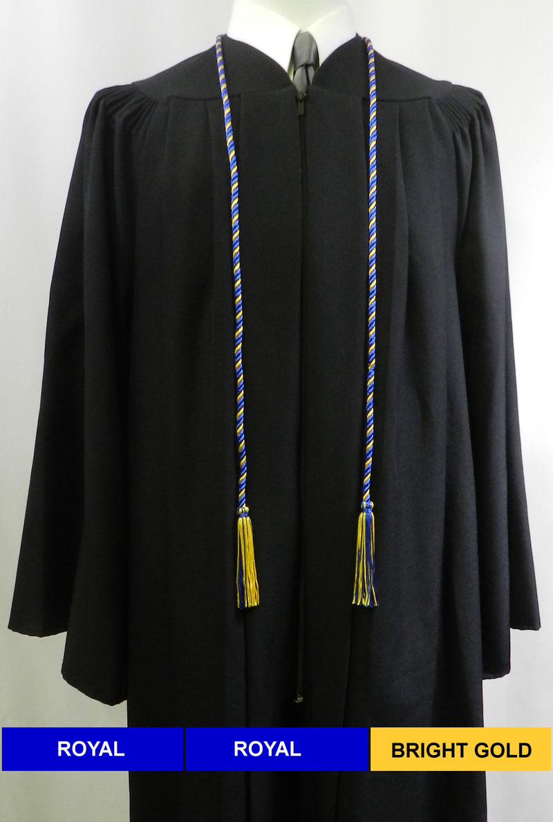 Royal blue and bright gold graduation honor cord shown on black graduation gown.