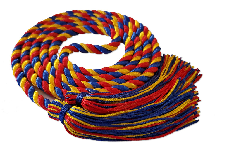 Royal blue, bright gold and red 3 color graduation honor cord with matching tassels from Senior Class Graduation Products. Made in USA.