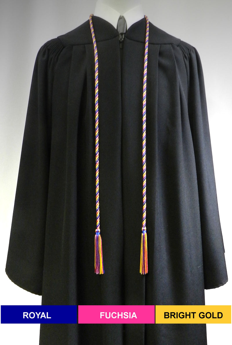 Royal blue, fuchsia (rose) and bright gold 3 color graduation honor cord from Senior Class Graduation Products. Made in USA.
