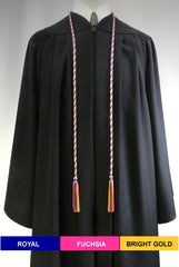 Royal blue, fuchsia (rose) and bright gold 3 color graduation honor cord from Senior Class Graduation Products. Made in USA.