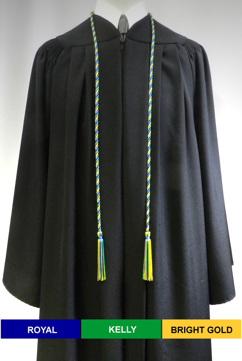 Royal blue, kelly green and bright gold 3 color graduation honor cord from Senior Class Graduation Products. Made in USA.
