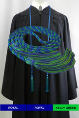 Royal blue and kelly green 2 color graduation honor cord from Senior Class Graduation Products. Made in USA.