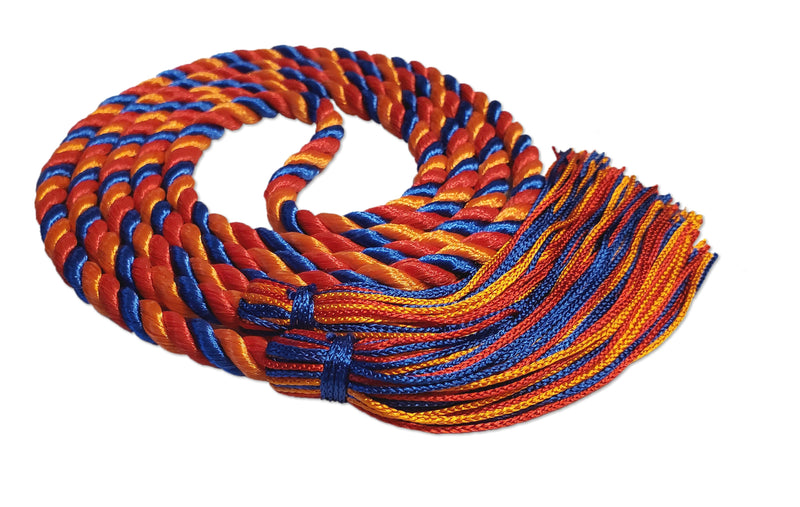 Royal blue, red and orange 3 color graduation honor cord from Senior Class Graduation Products. Made in USA.