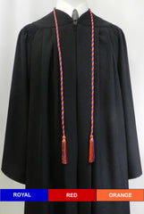 Royal blue, red and orange 3 color graduation honor cord from Senior Class Graduation Products. Made in USA.