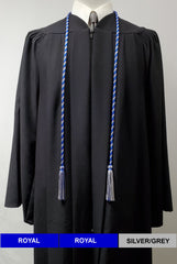 Royal blue and silver/grey 2 color graduation honor cord from Senior Class Graduation Products. Made in USA.