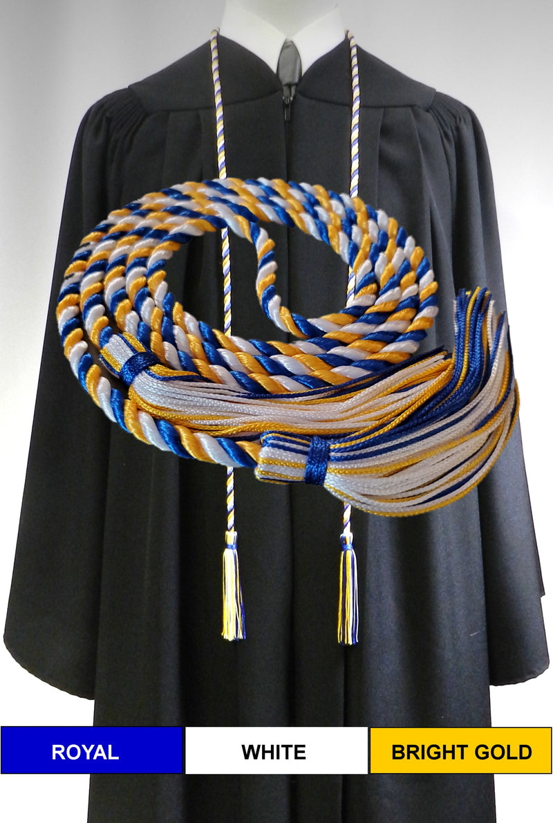 Royal blue, white and bright gold 3 color graduation honor cord from Senior Class Graduation Products. Made in USA.