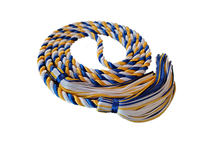 Royal blue, white and bright gold 3 color graduation honor cord from Senior Class Graduation Products. Made in USA.