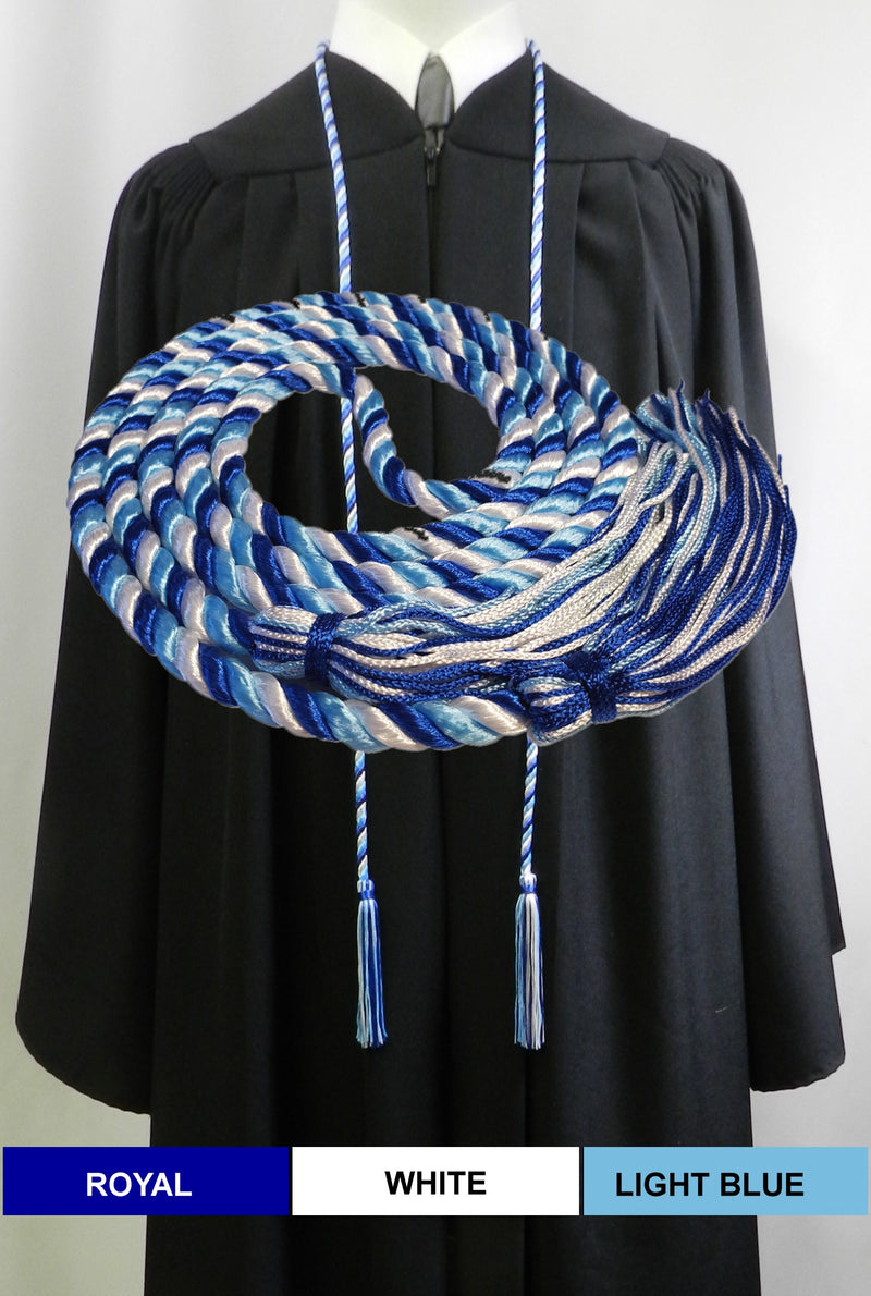 Royal blue, white and light blue 3 color graduation cord from Senior Class Graduation Products. Made in USA.