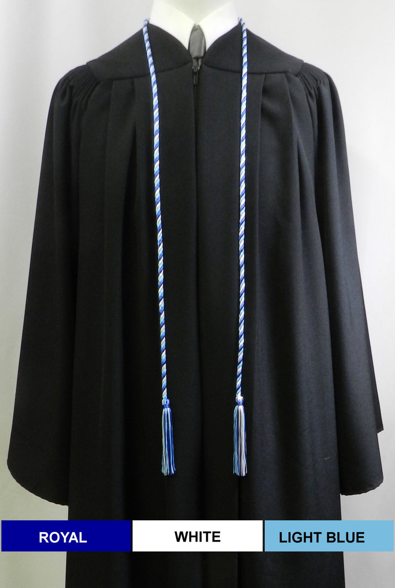 Royal blue, white and light blue 3 color graduation cord from Senior Class Graduation Products. Made in USA.