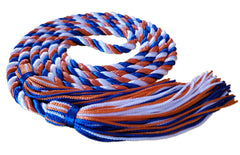 Royal blue, white and orange 3 color graduation honor cord from Senior Class Graduation Products. Made in USA.