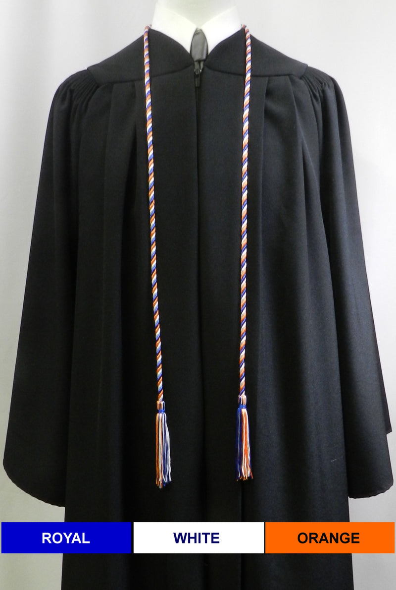 Royal blue, white and orange 3 color graduation honor cord from Senior Class Graduation Products. Made in USA.