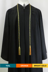 Teal, orange and bright gold 3 color graduation honor cord from Senior Class Graduation Products. Made in USA.
