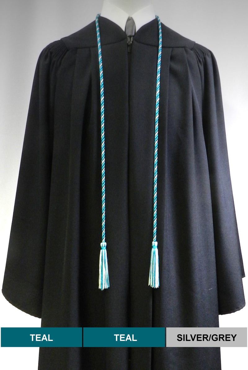 Teal and silver/grey 2 color graduation honor cord from Senior Class Graduation Products. Made in USA.